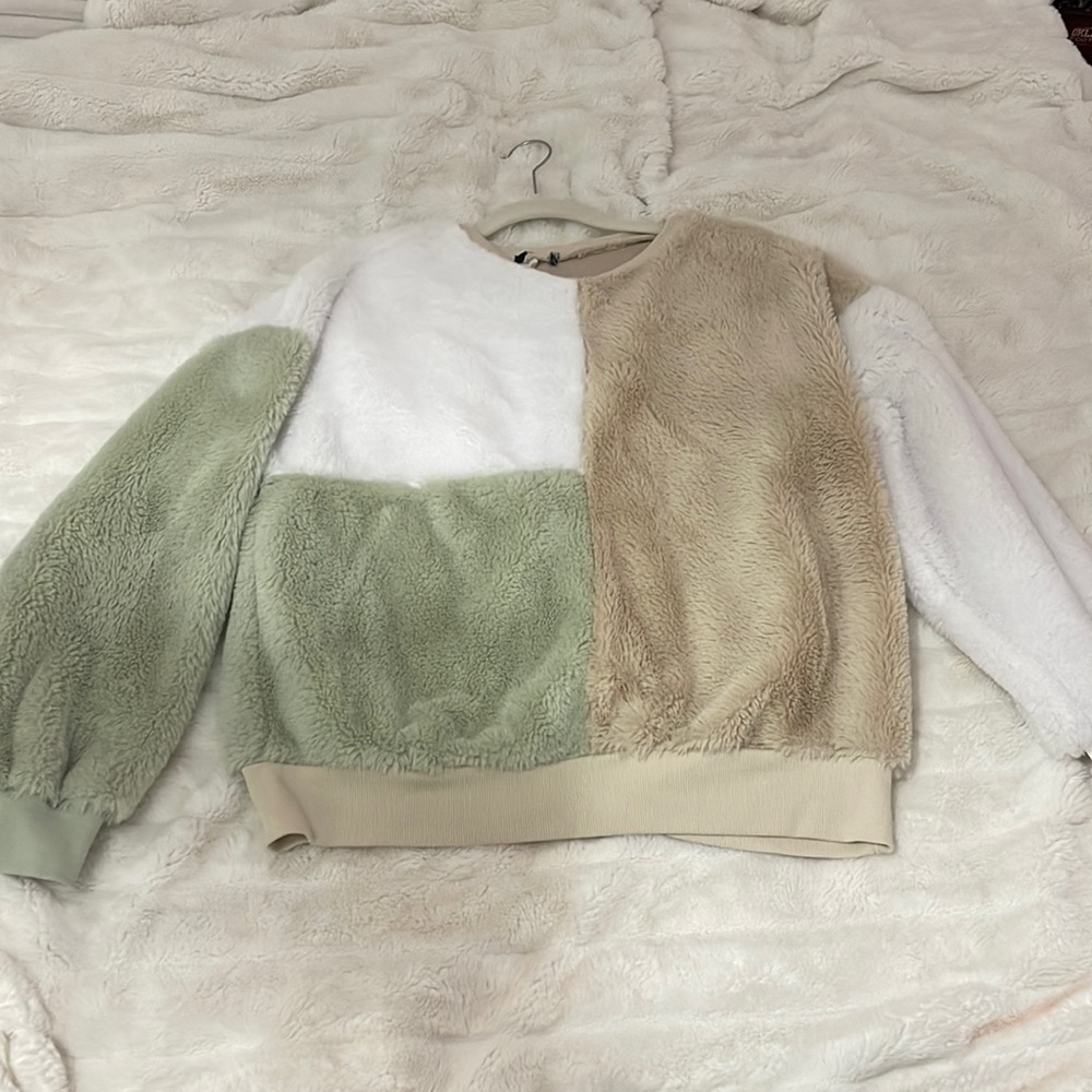 color block fuzzy sweater